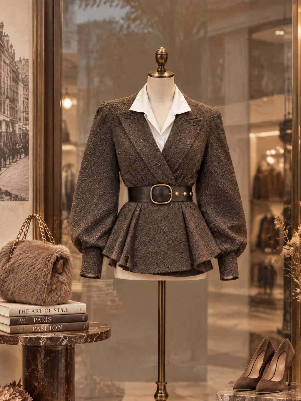 Vintage Brown Tweed Belted Peplum Jacket