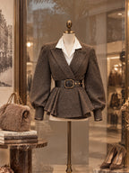 Vintage Brown Tweed Belted Peplum Jacket