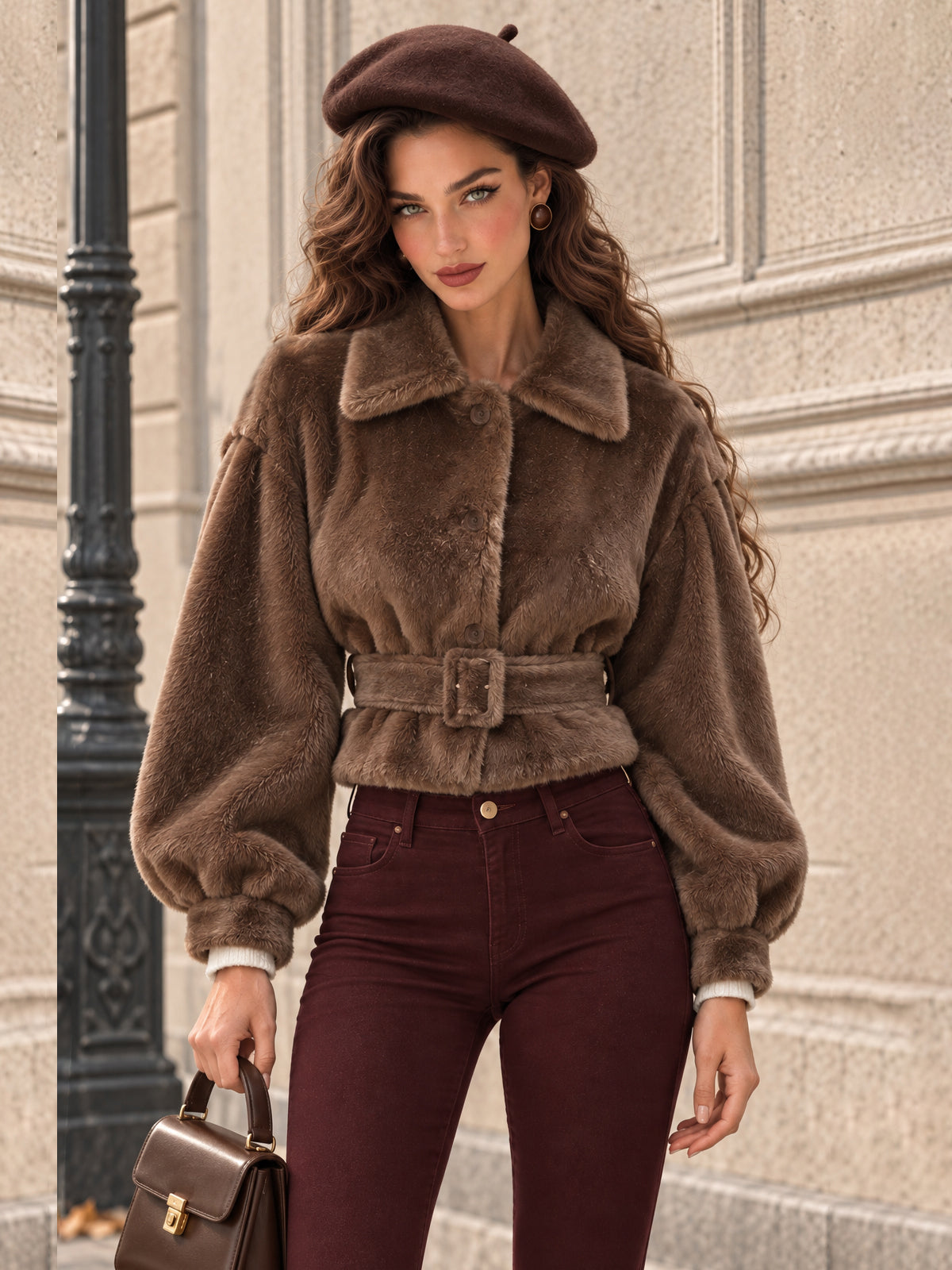 Vintage Brown Belted Faux Fur Jacket