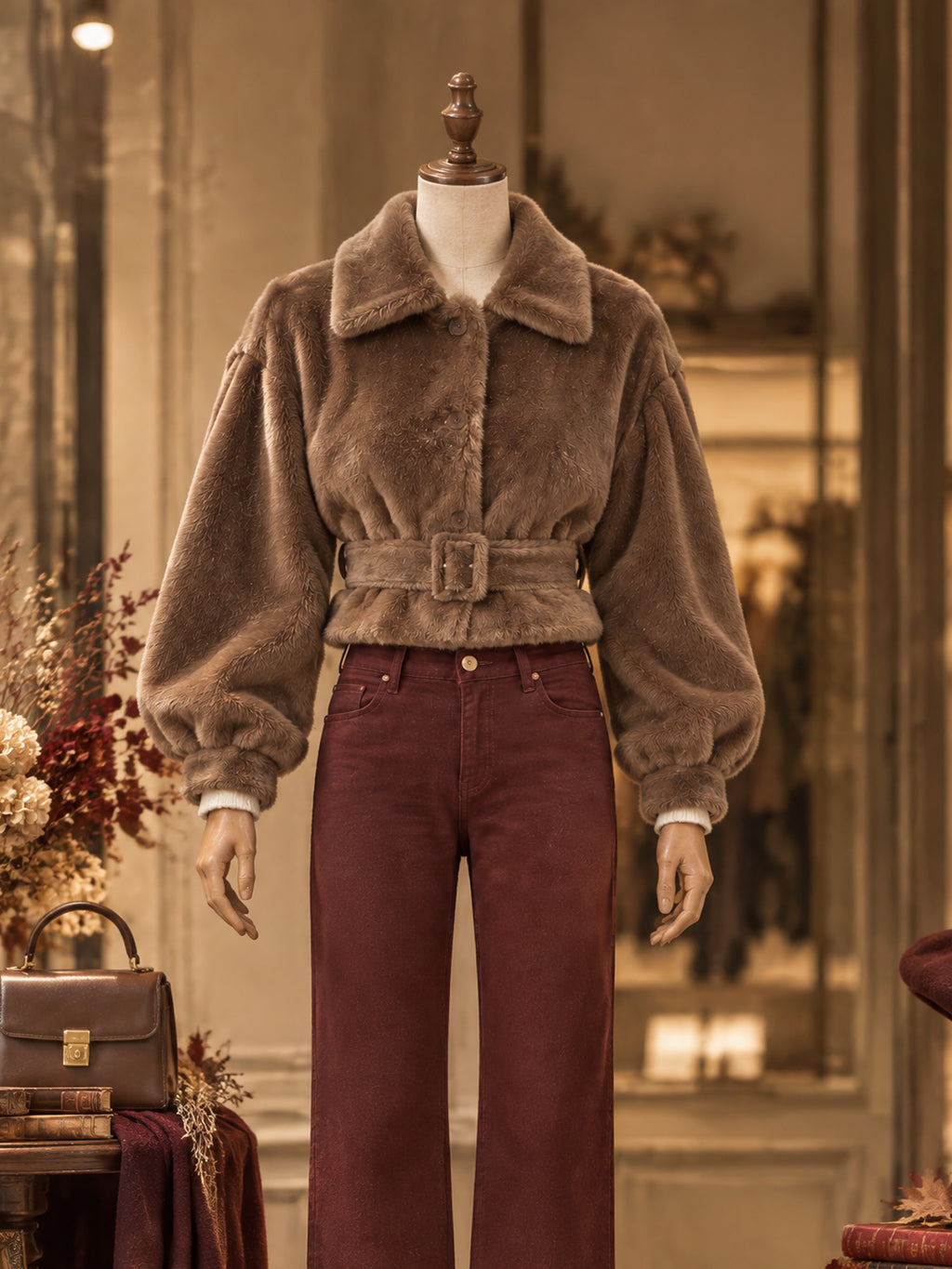 Vintage Brown Belted Faux Fur Jacket