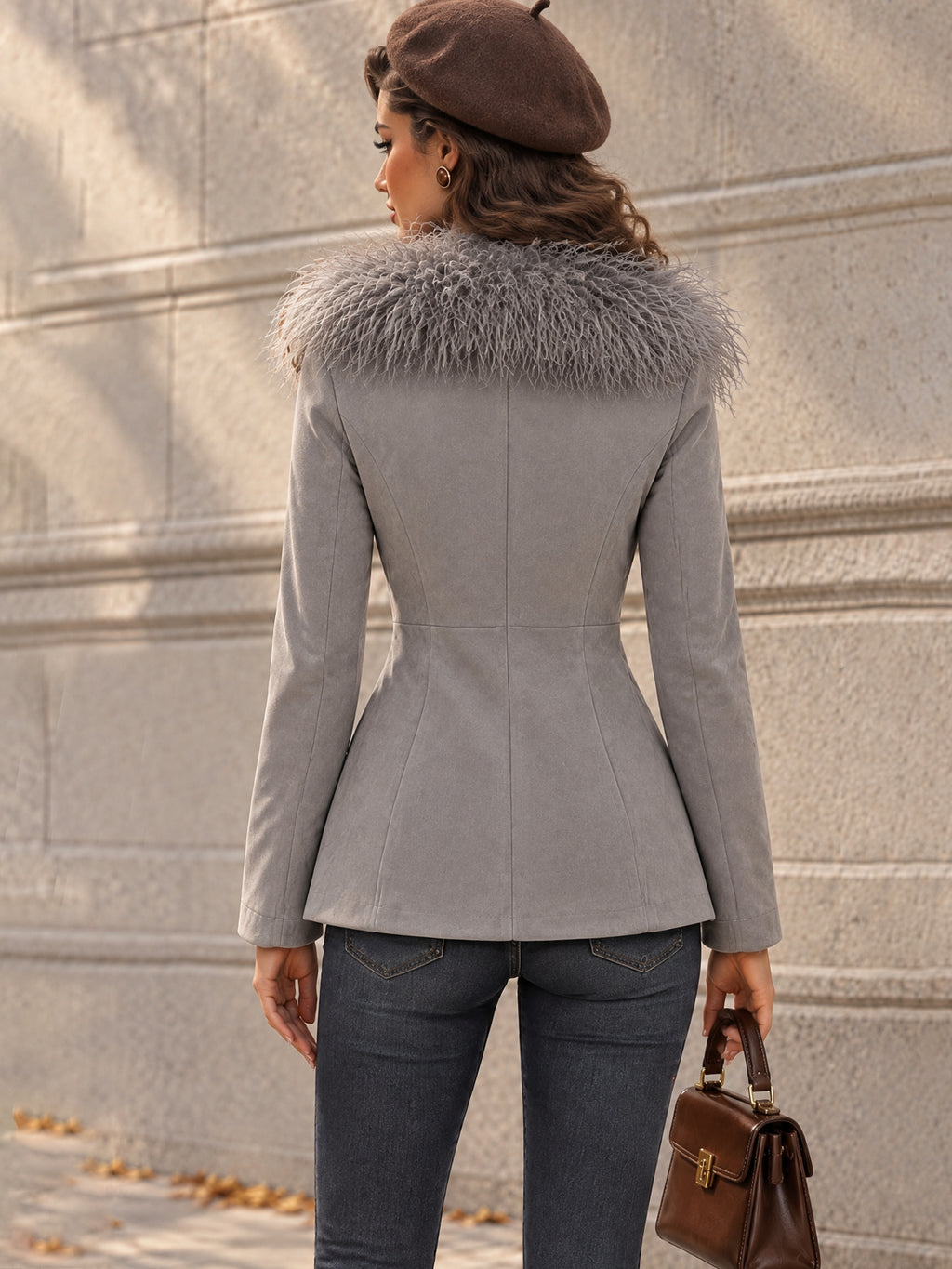 Vintage Faux Fur Collar Fitted Jacket