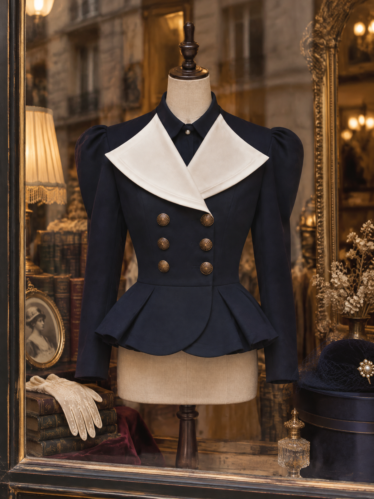 Vintage Lapel Color Contrast Double Breasted Puff Sleeve Blazer