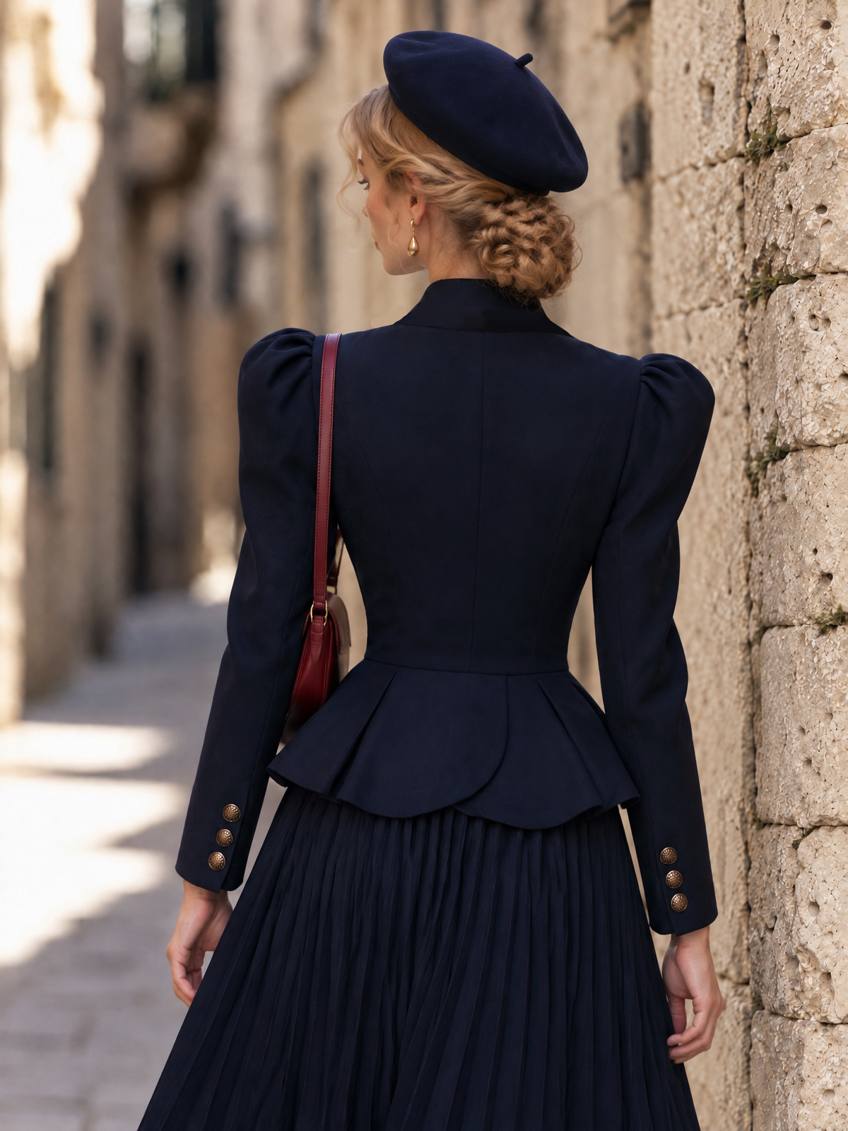 Vintage Lapel Color Contrast Double Breasted Puff Sleeve Blazer