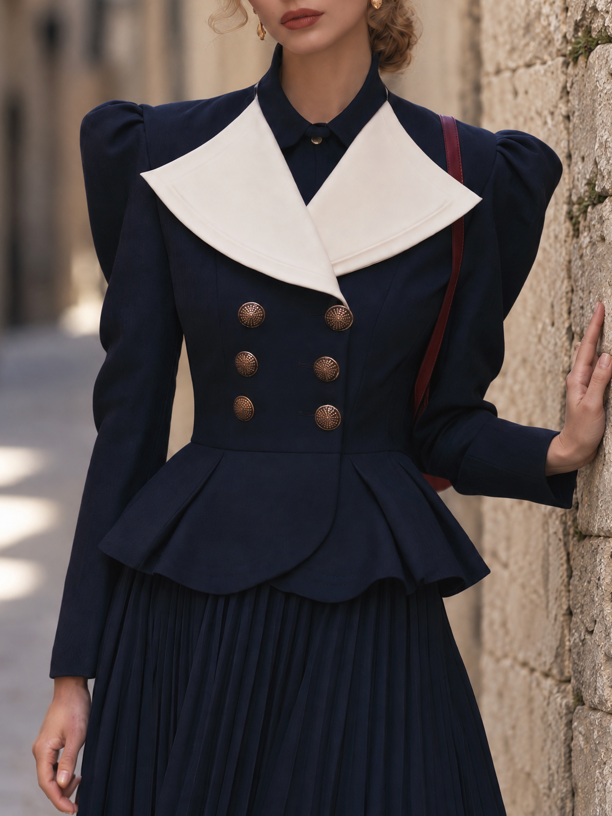 Vintage Lapel Color Contrast Double Breasted Puff Sleeve Blazer
