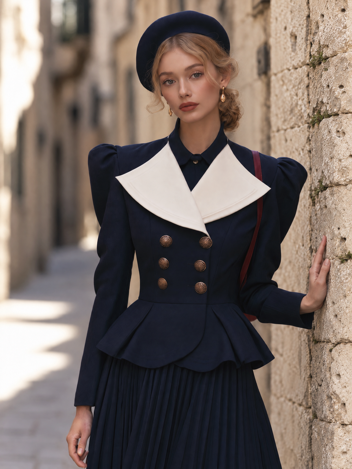 Vintage Lapel Color Contrast Double Breasted Puff Sleeve Blazer