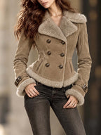 Vintage Faux Suede Fur Trim Double Breasted Coat