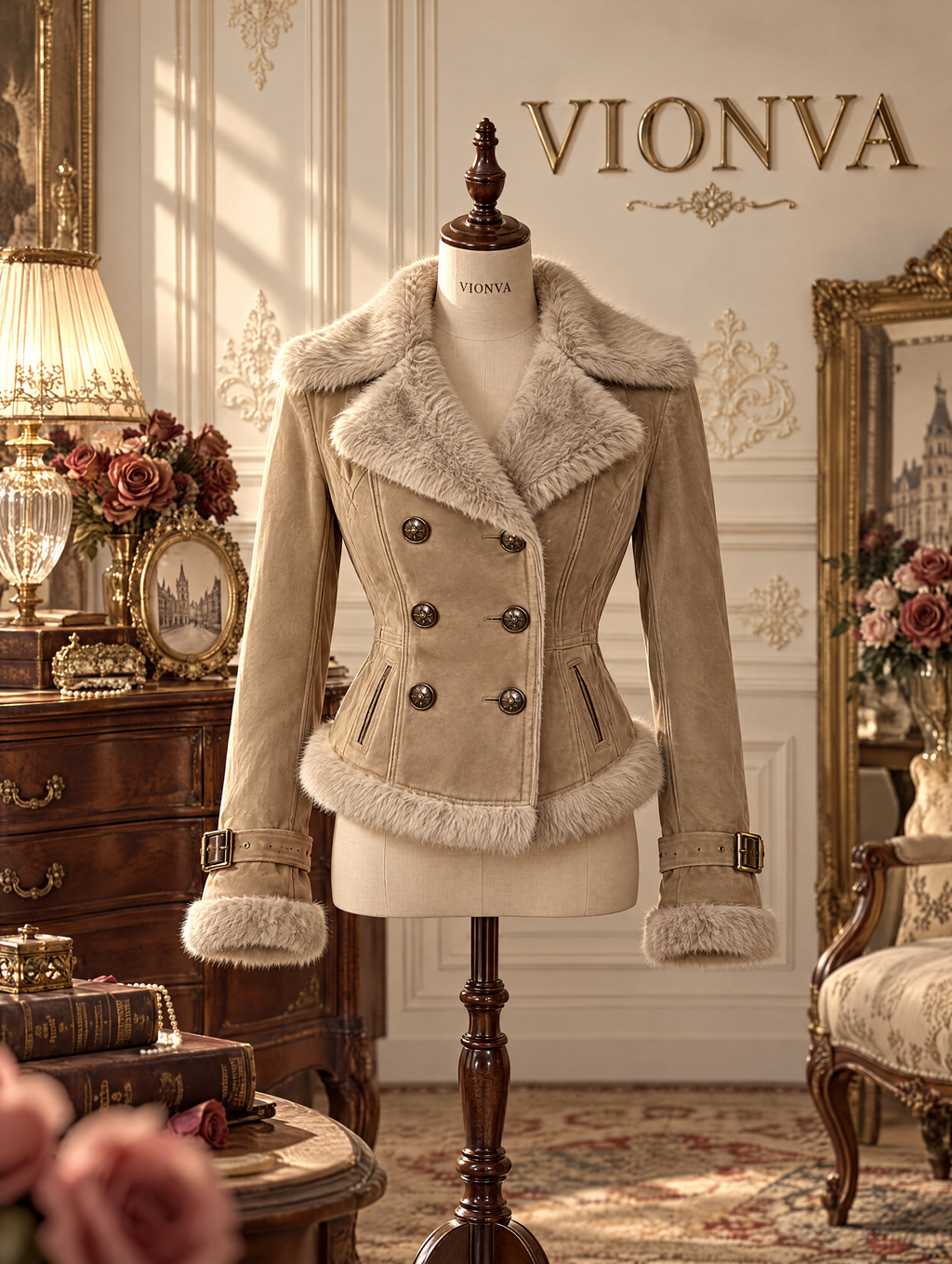 Vintage Faux Suede Fur Trim Double Breasted Coat