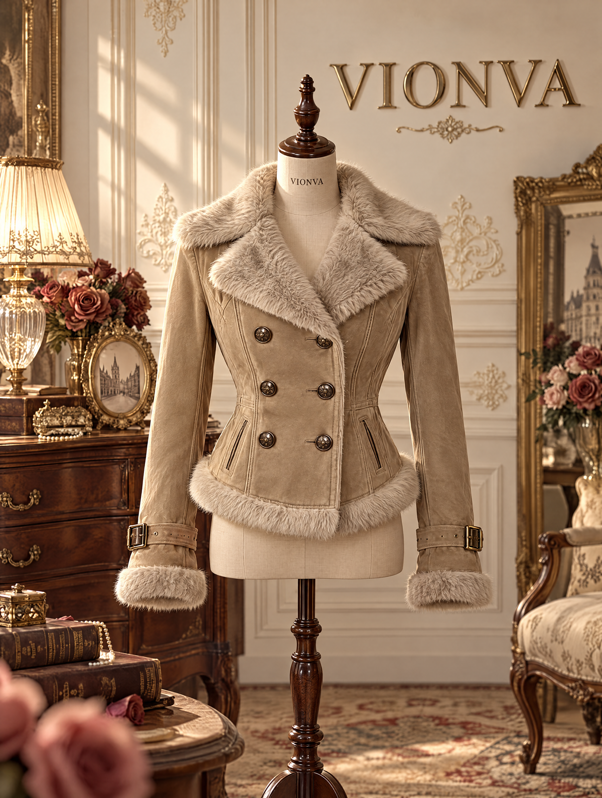 Vintage Faux Suede Fur Trim Double Breasted Coat