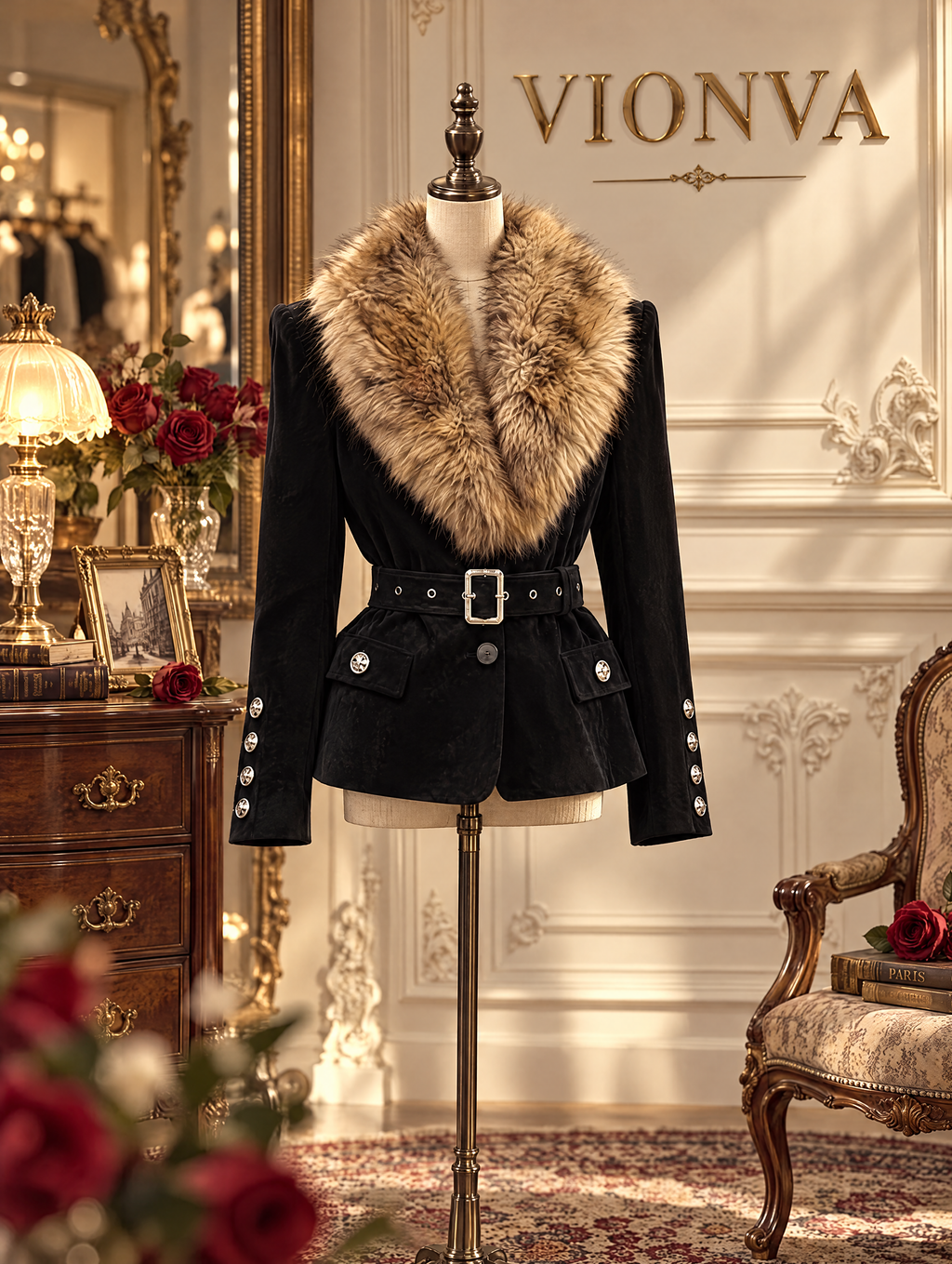 Vintage Faux Fur Collar Belted Velvet Coat