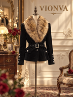 Vintage Faux Fur Collar Belted Velvet Coat
