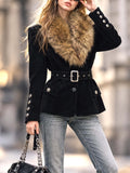 Vintage Faux Fur Collar Belted Velvet Coat