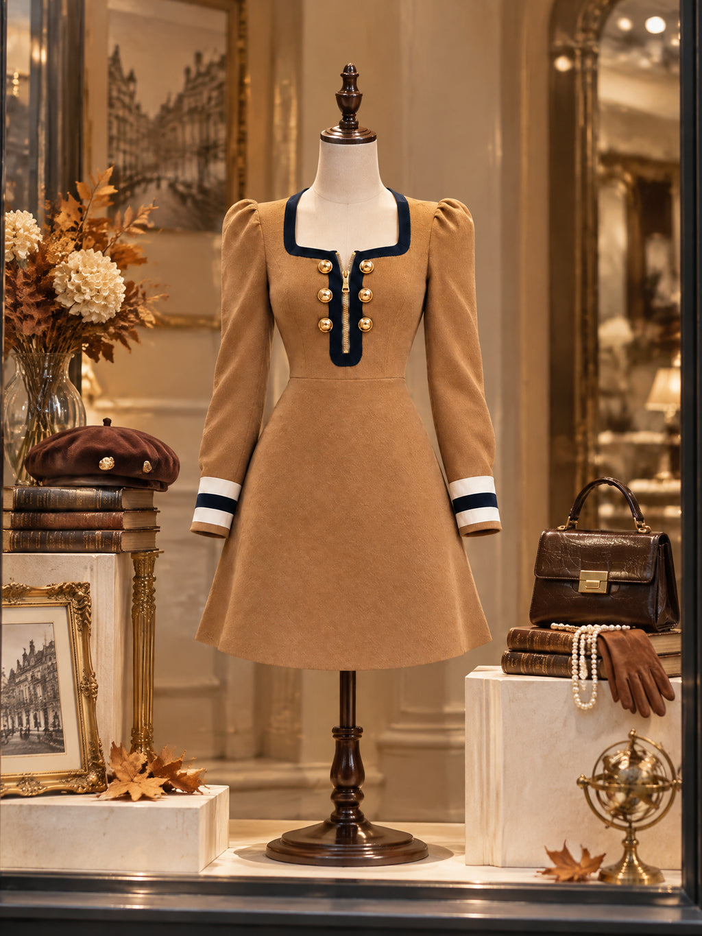 Vintage Square Neck Long Sleeve Mini Dress