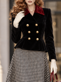 Vintage Black Velvet Peplum Suit Jacket Red Contrast Lapel Blazer