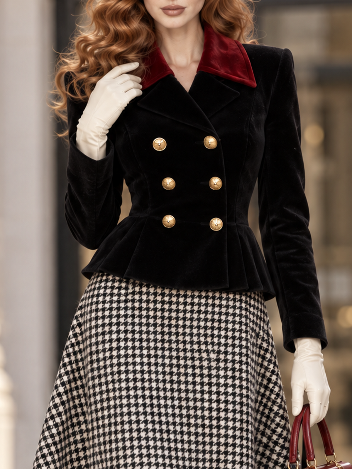 Vintage Black Velvet Peplum Suit Jacket Red Contrast Lapel Blazer