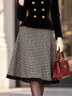 Vintage Waist-Cinching Houndstooth Flared Midi Skirt