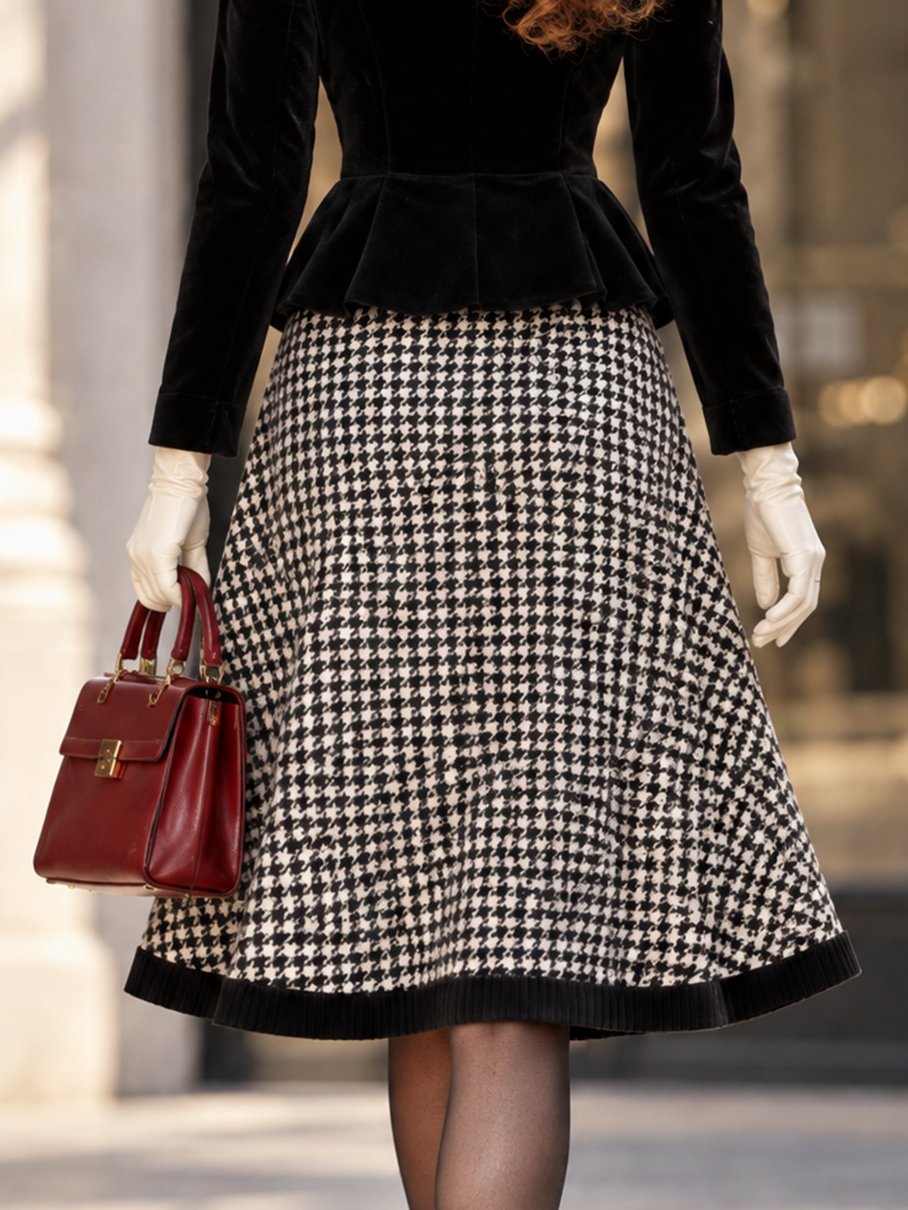 Vintage Waist-Cinching Houndstooth Flared Midi Skirt