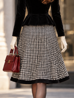 Vintage Waist-Cinching Houndstooth Flared Midi Skirt
