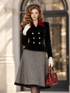Vintage Waist-Cinching Houndstooth Flared Midi Skirt