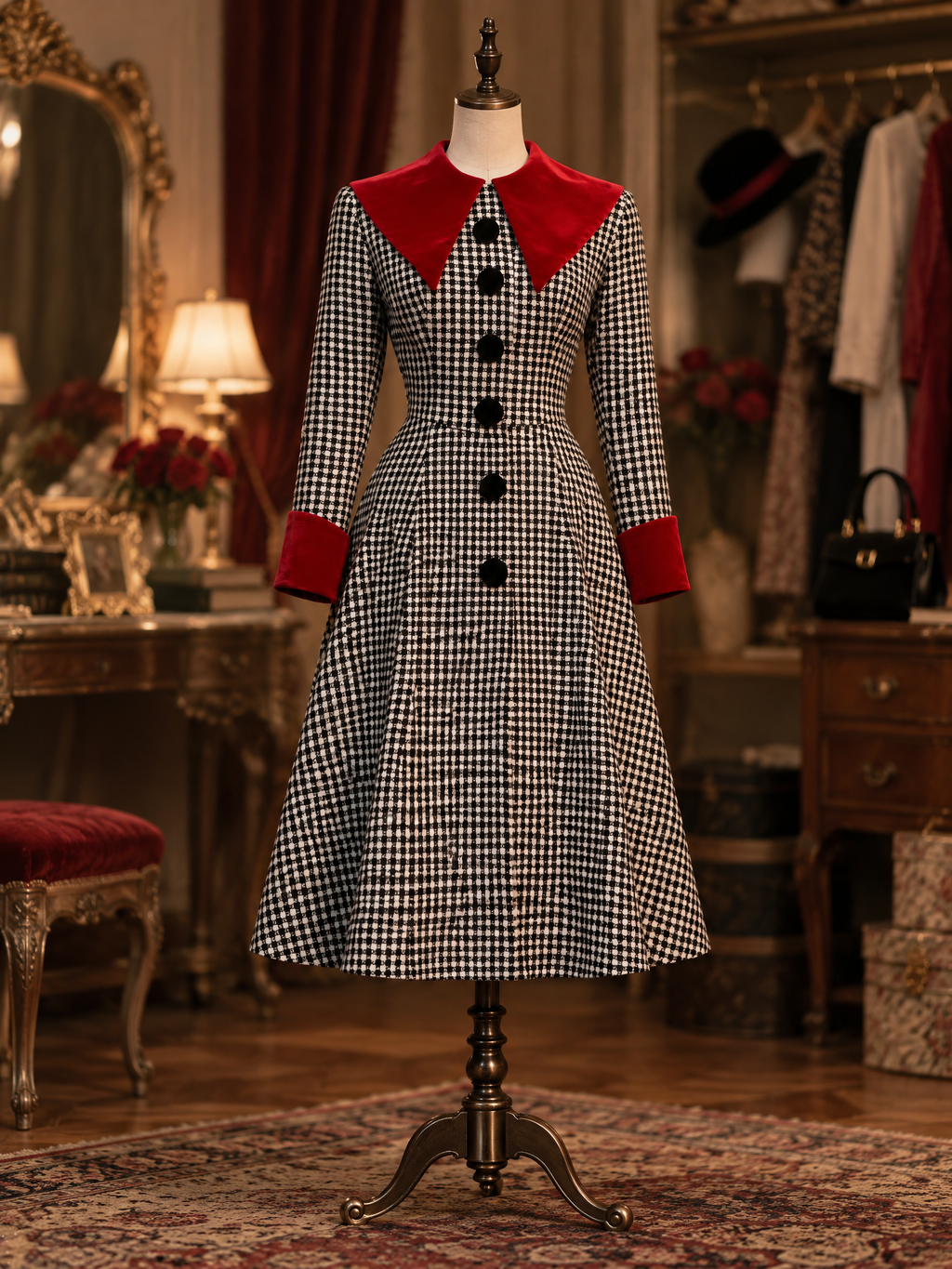 Vintage Houndstooth Red Velvet Collar Fitted Waist Midi Dress