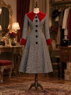 Vintage Houndstooth Red Velvet Collar Fitted Waist Midi Dress