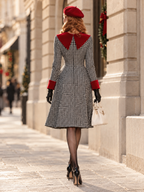 Vintage Houndstooth Red Velvet Collar Fitted Waist Midi Dress