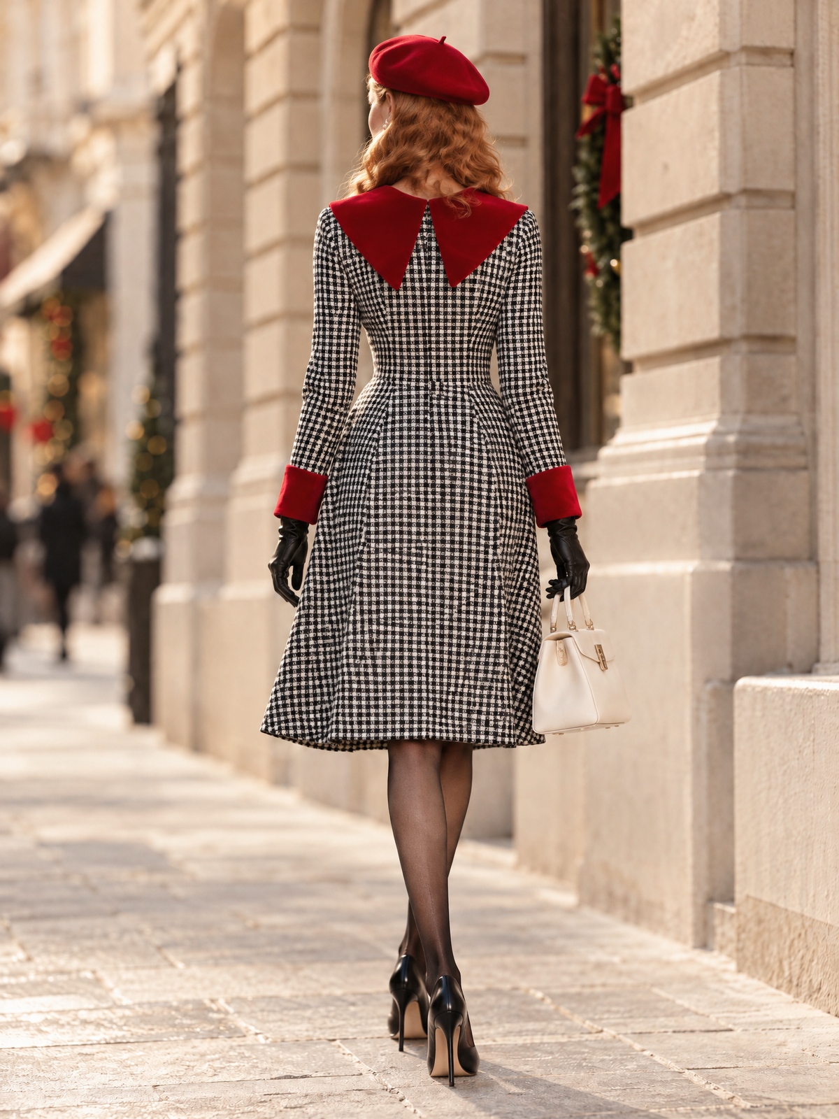 Vintage Houndstooth Red Velvet Collar Fitted Waist Midi Dress