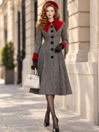 Vintage Houndstooth Red Velvet Collar Fitted Waist Midi Dress