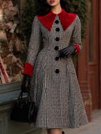 Vintage Houndstooth Red Velvet Collar Fitted Waist Midi Dress