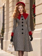 Vintage Houndstooth Red Velvet Collar Fitted Waist Midi Dress