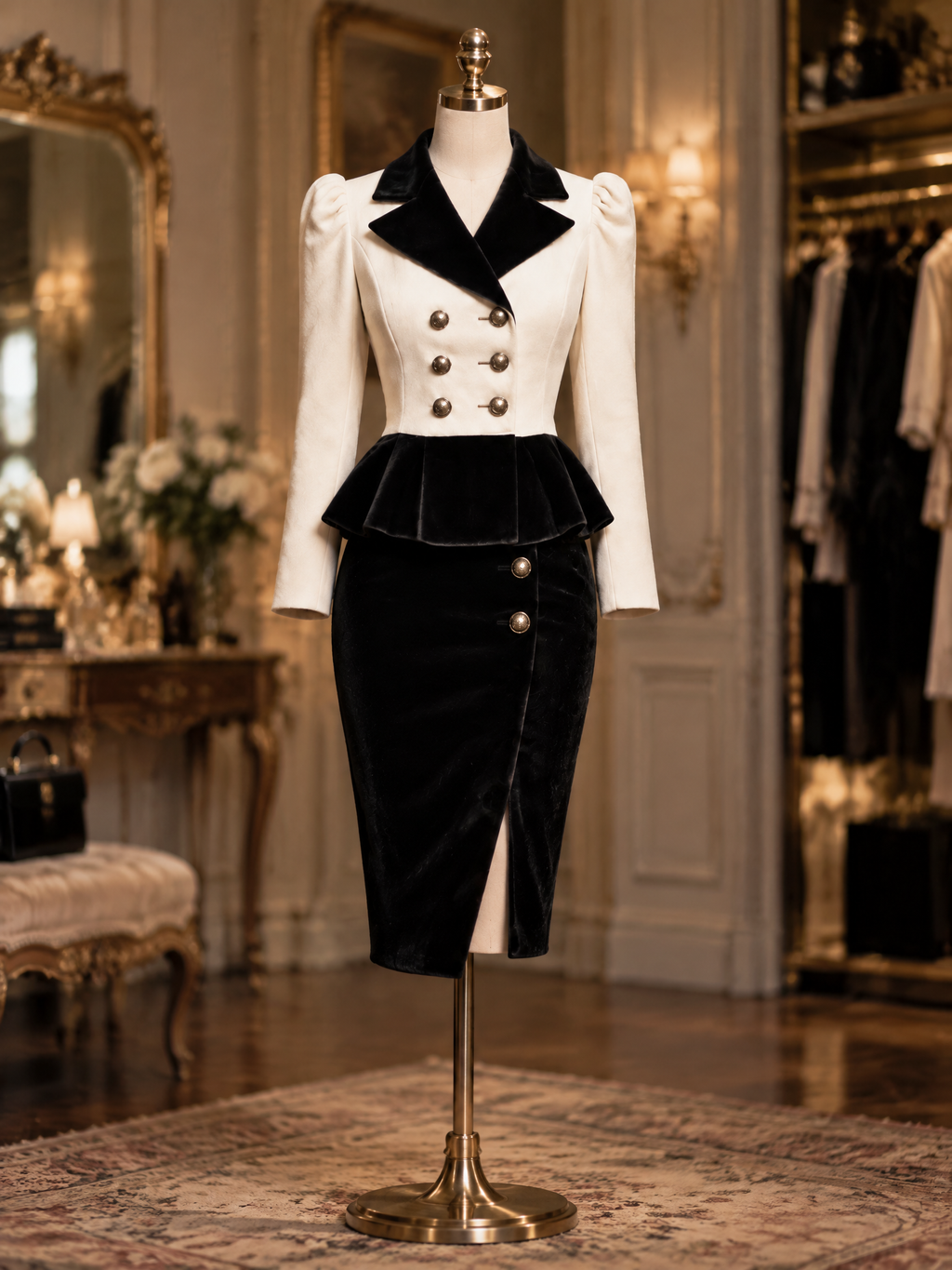Vintage White Black Velvet Peplum Blazer & Slit Skirt Two Piece Set