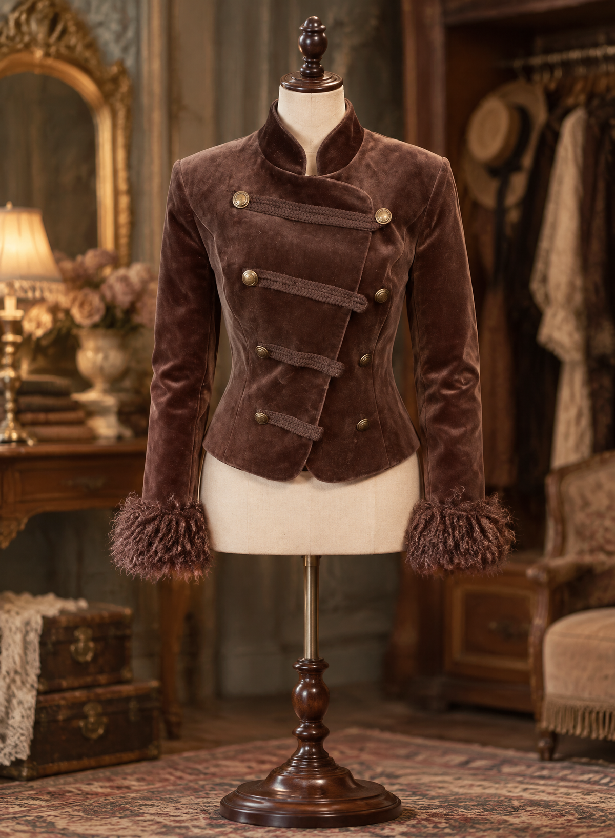Vintage Brown Velvet Waist-Cinching Jacket Curly Fur Cuff Jacket