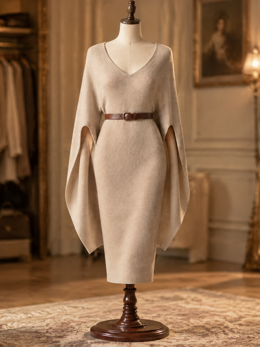 Vintage Beige Knit Cape Sleeve Waist-Cinching V Neck Midi Dress