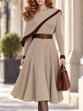 Vintage Oatmeal Rib Knit Cape Overlay Waist-Cinching Midi Dress