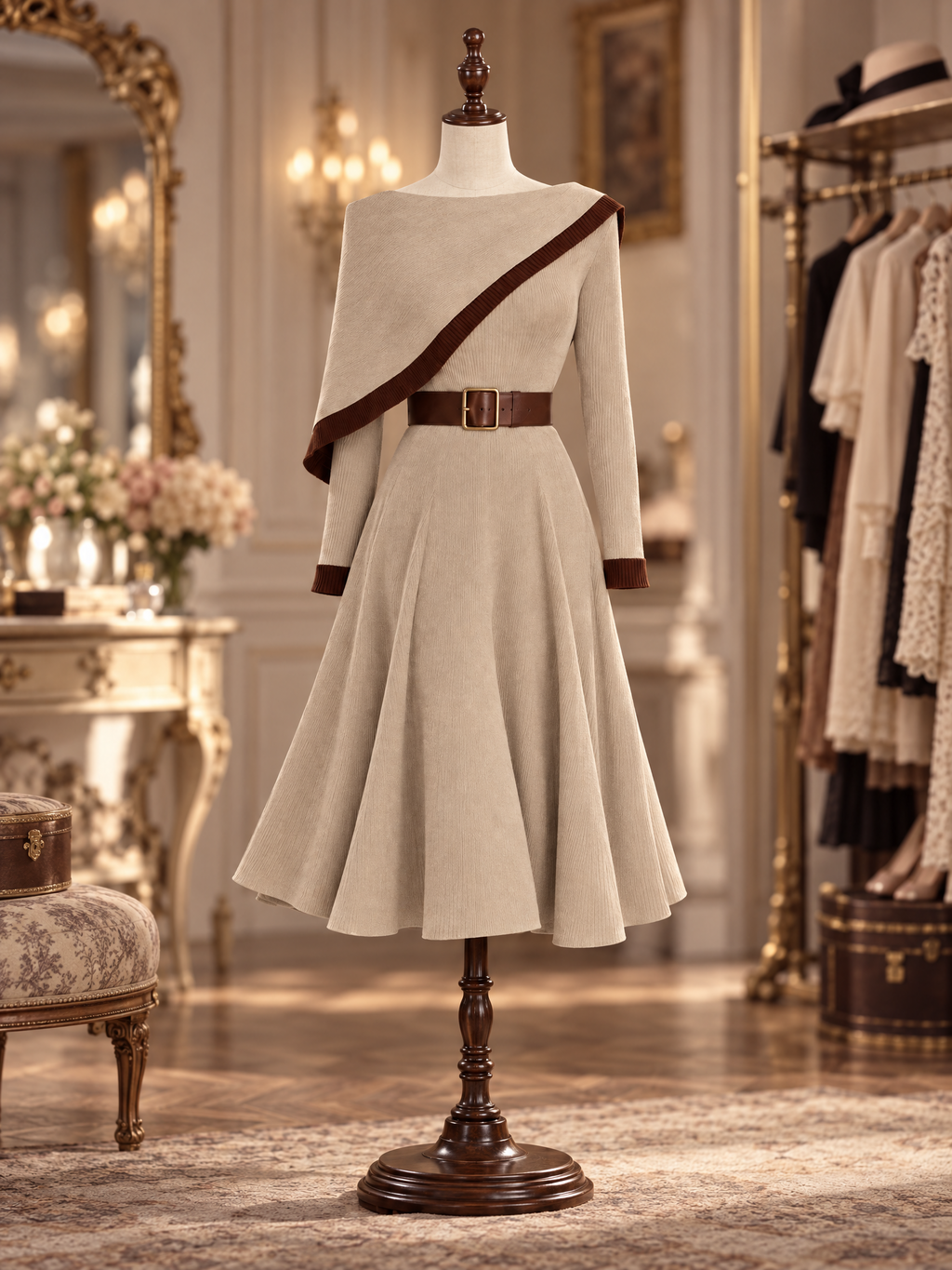Vintage Oatmeal Rib Knit Cape Overlay Waist-Cinching Midi Dress