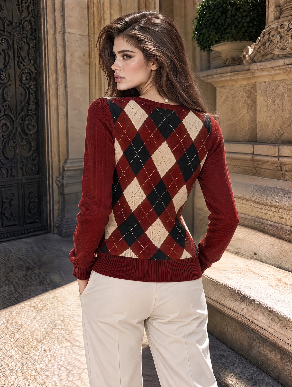 Vintage Argyle U Neck Long Sleeve Knit Top