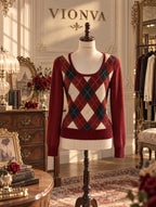 Vintage Argyle U Neck Long Sleeve Knit Top