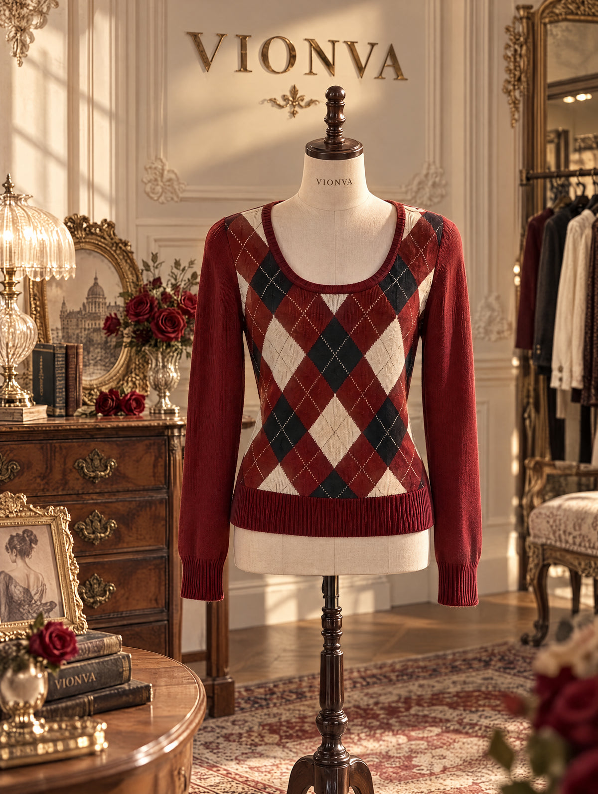 Vintage Argyle U Neck Long Sleeve Knit Top