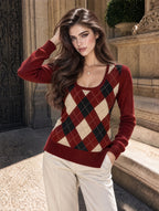 Vintage Argyle U Neck Long Sleeve Knit Top