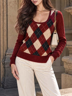 Vintage Argyle U Neck Long Sleeve Knit Top
