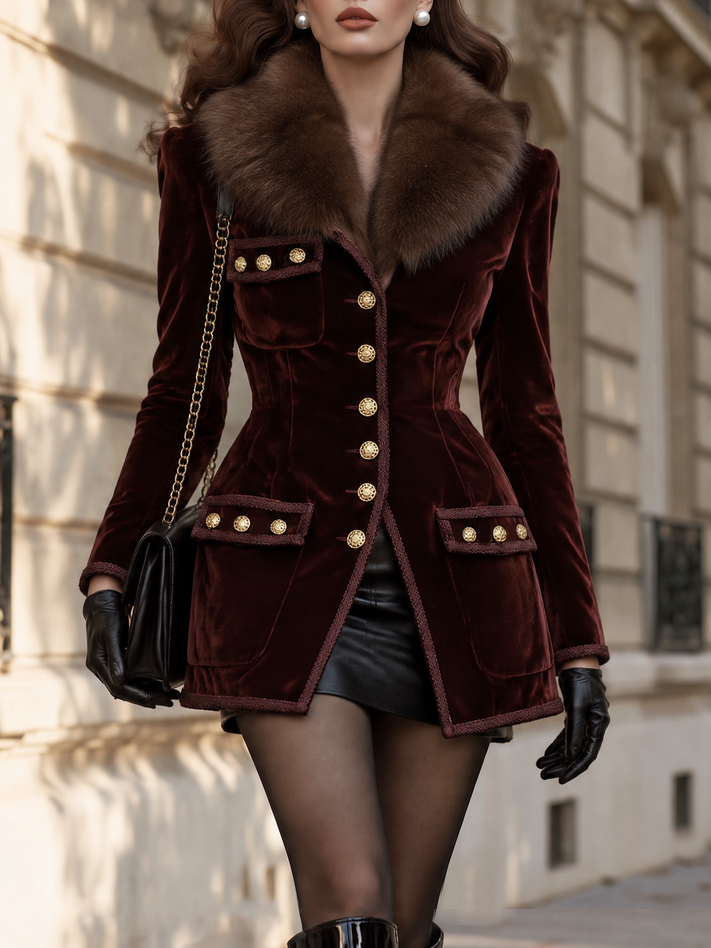 Vintage Faux Fur Collar Velvet Blazer