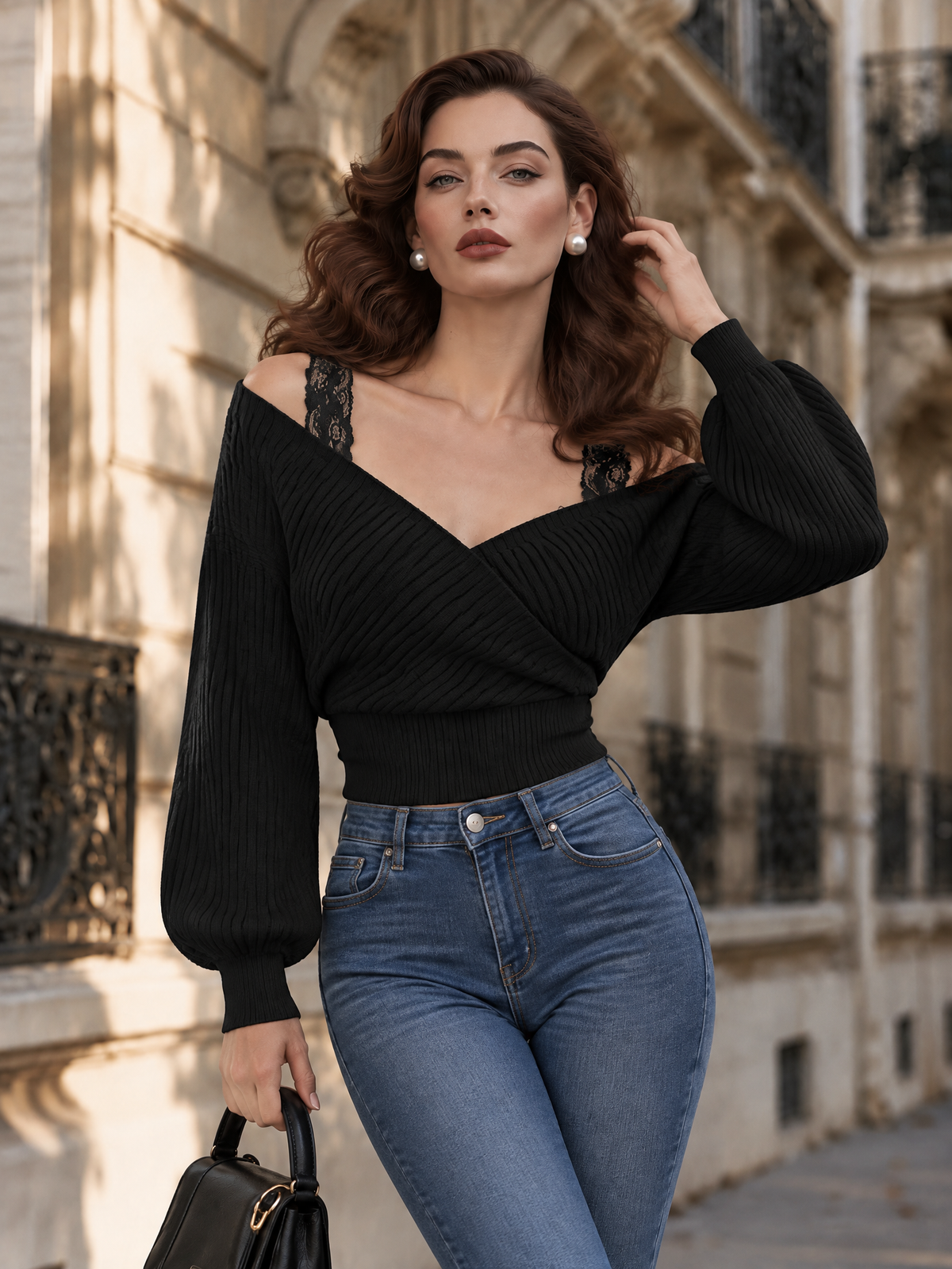Vintage V-Neck Lace Strap Knit Top