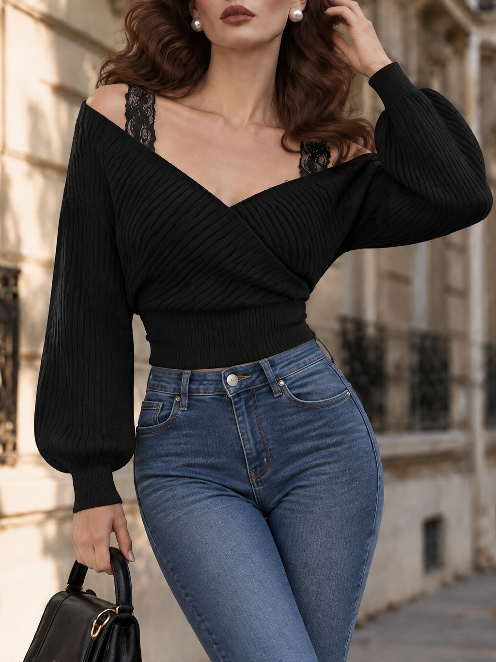 Vintage V-Neck Lace Strap Knit Top