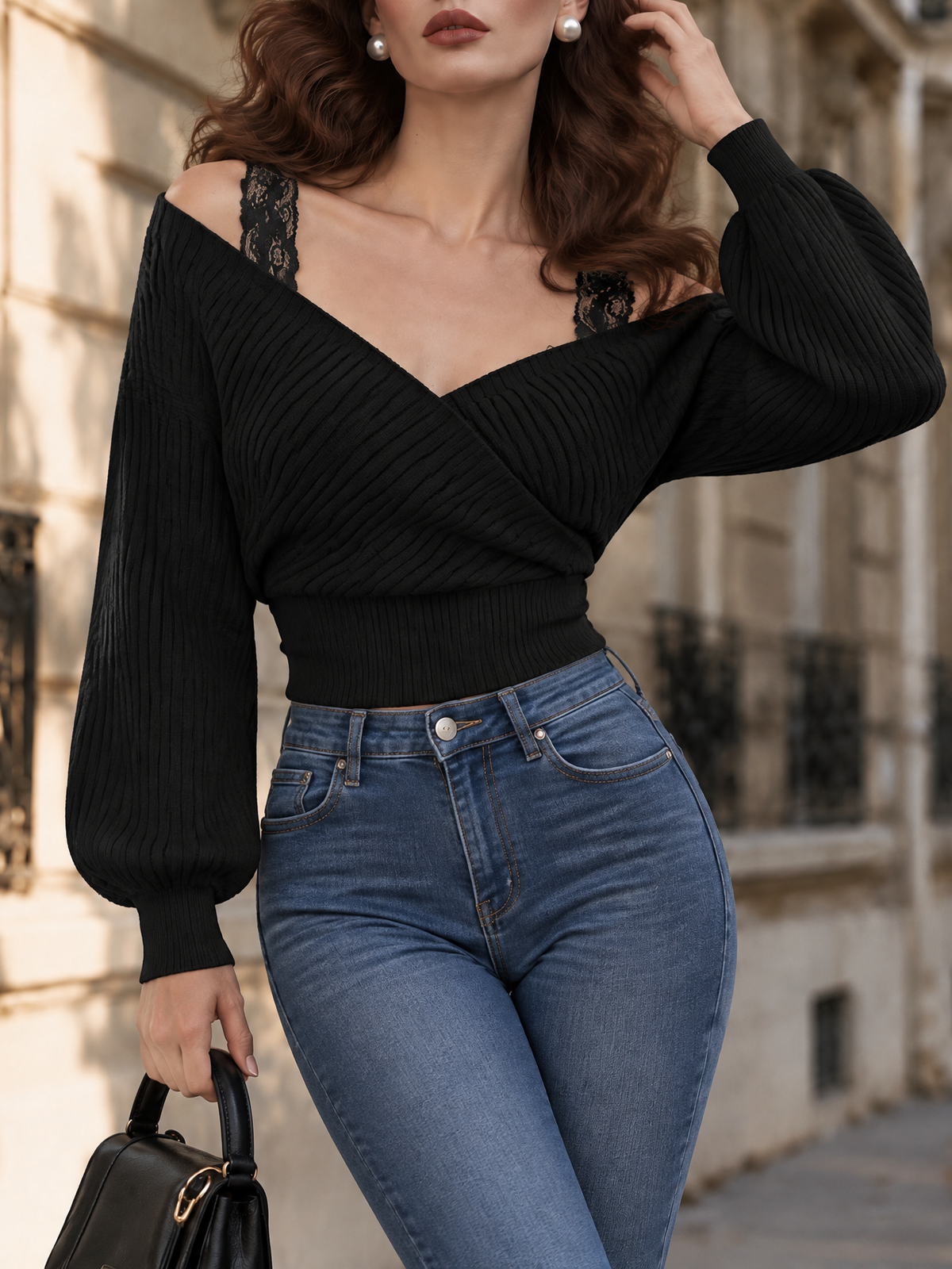 Vintage V-Neck Lace Strap Knit Top