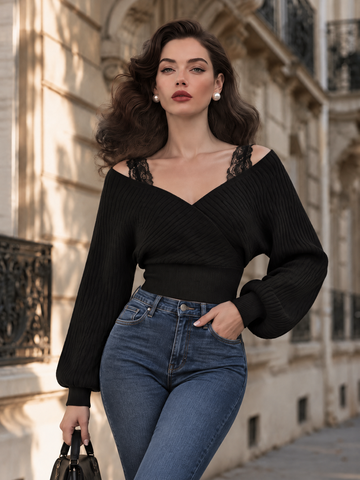 Vintage V-Neck Lace Strap Knit Top