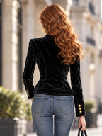Vintage Black Velvet Waist-Cinching Military Gold Button Zip Blazer