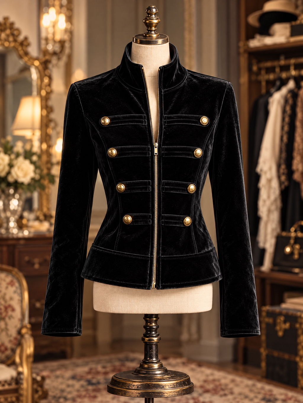 Vintage Black Velvet Waist-Cinching Military Gold Button Zip Blazer