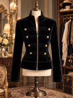 Vintage Black Velvet Waist-Cinching Military Gold Button Zip Blazer