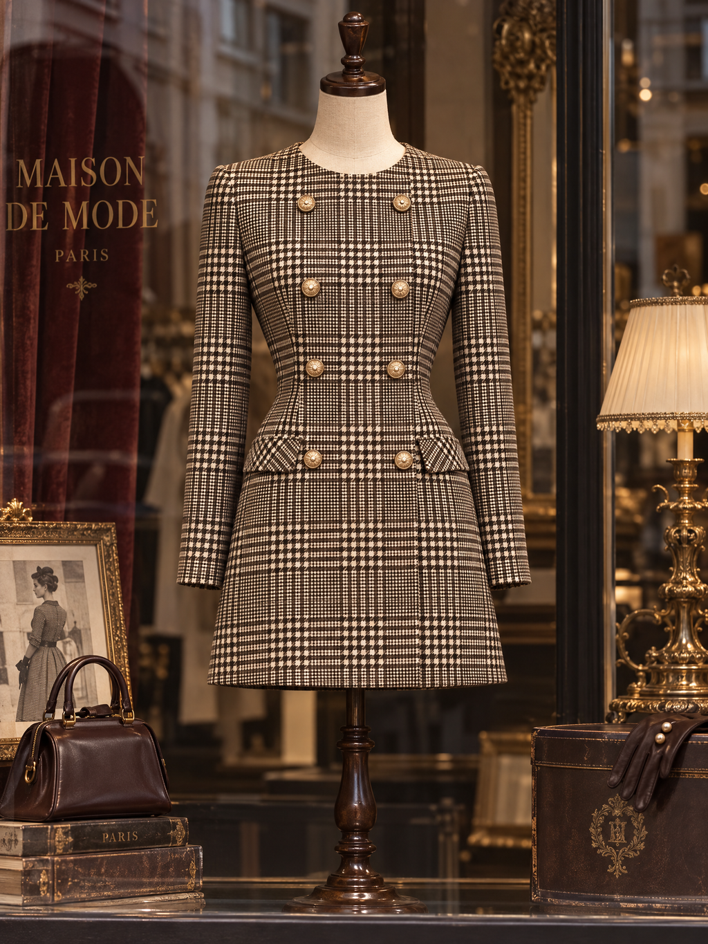 Vintage Double Breasted Plaid Blazer Dress & Scarf 2-Piece Set