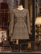 Vintage Double Breasted Plaid Blazer Dress & Scarf 2-Piece Set