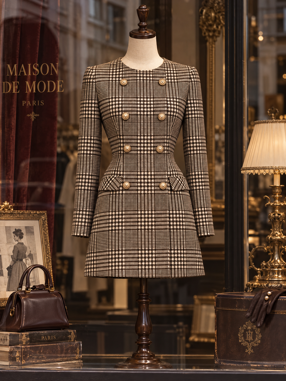 Vintage Double Breasted Plaid Blazer Dress & Scarf 2-Piece Set